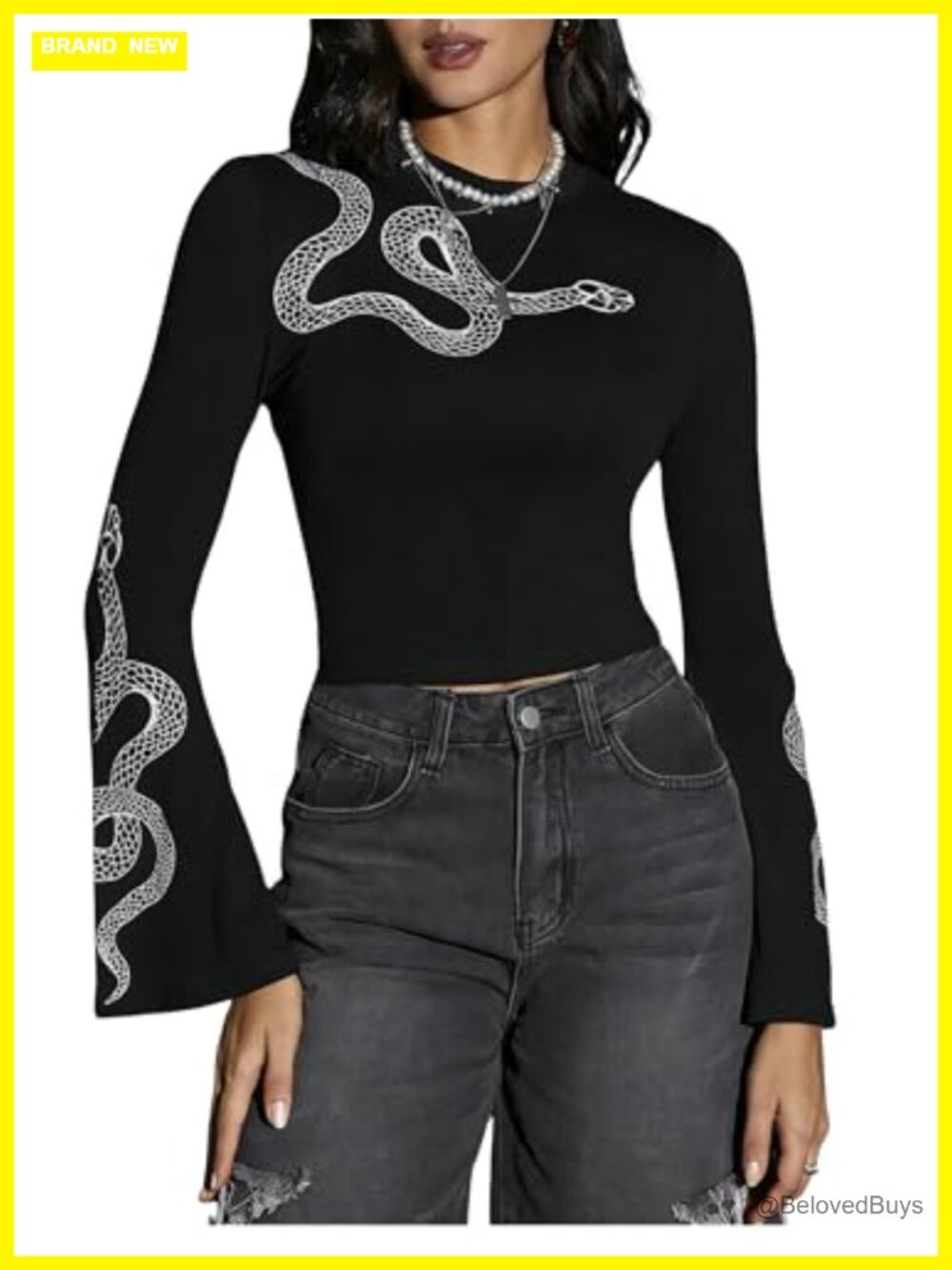 Women's Gothic Long Bell Sleeve Crop Top Snake Print Goth Shirt